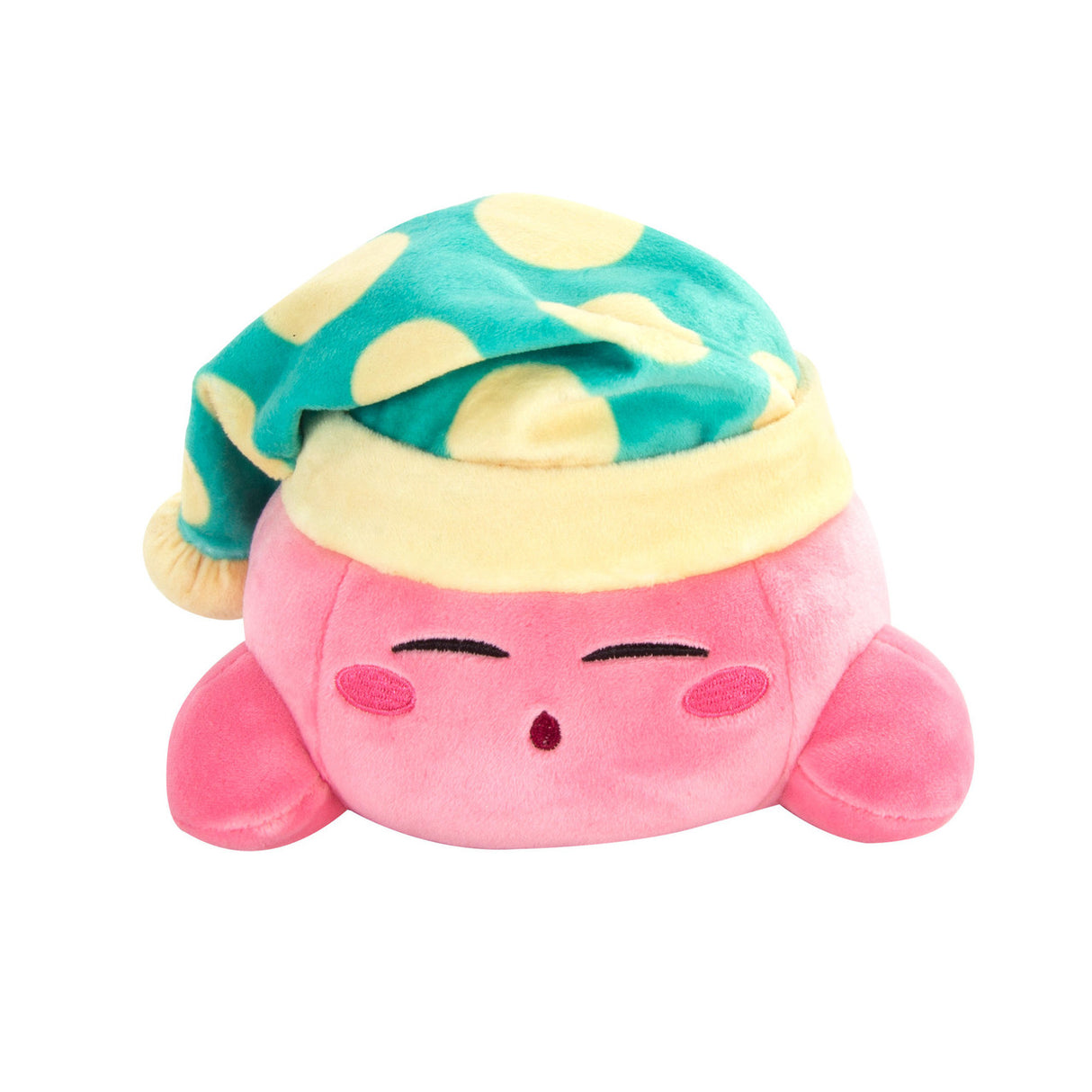 Kirby Character plush in sleeping cap, soft pink and green polka dot design, huggable and collectible pillow toy.