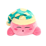 Kirby Character plush in sleeping cap, soft pink and green polka dot design, huggable and collectible pillow toy.