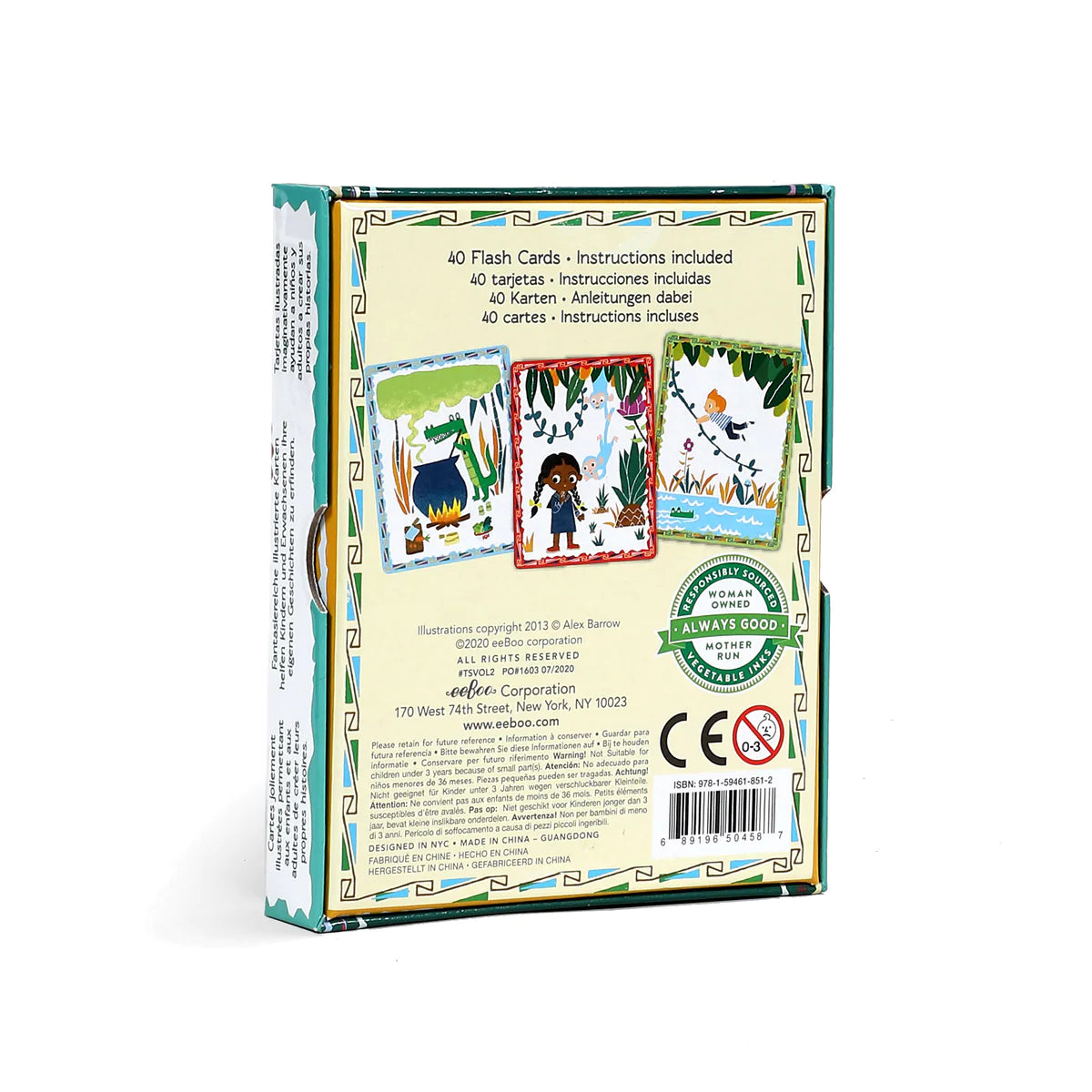 Create A Story | Volcano Island flash cards box showing instructions and colorful illustrations by Alex Barrow.