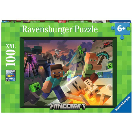 100pc Minecraft Monster Puzzle featuring Steve, Alex, and mobs with diamond weapons in action-packed scene.