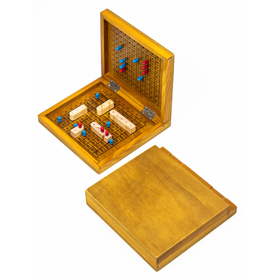 Sea Battle wooden board game with battleships and pins, perfect for strategic two-player gameplay and family fun.
