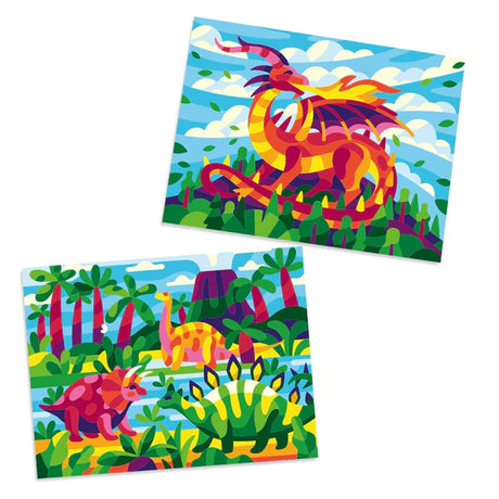 Paint by Number Dino & Dragon kit with colorful dinosaur and dragon canvases for creative painting fun.