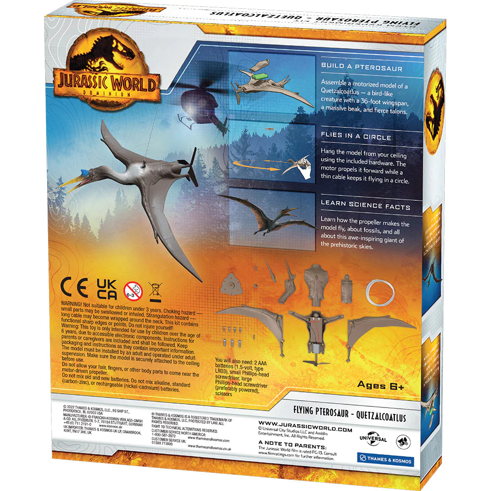 Jurassic World: Flying Pterosaur model kit features a motorized Quetzalcoatlus with 36-foot wingspan for ceiling display.