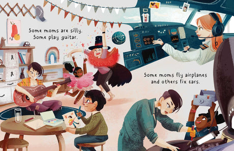 Illustration from All Moms showing diverse moms being silly, playing guitar, flying airplanes, and fixing cars.