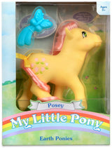 My Little Pony | Earth Pony Posey with yellow body, pink hair, comb, and collectible sticker in original 1980s style packaging.