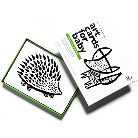 Woodland Art Cards featuring black-and-white animal designs for babies to develop visual perception and love for art.