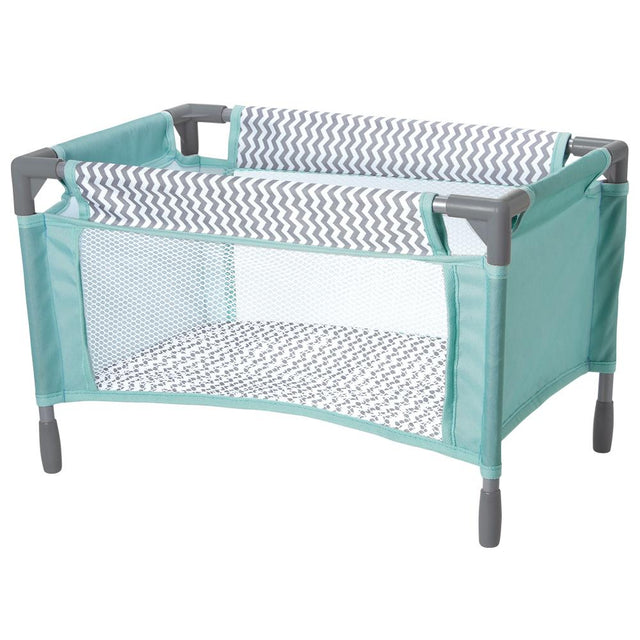 Playpen Bed Grey with mint and gray zig zag design, mesh sides, and sturdy frame for dolls up to 16 inches.
