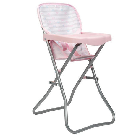 High Chair Pink with baby pink seat, grey metal legs, and safety belt for dolls up to 16 inches, foldable for easy storage.