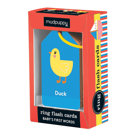 Mudpuppy First Words Flash Cards featuring colorful illustrated cards with simple words for ages 1 and up.