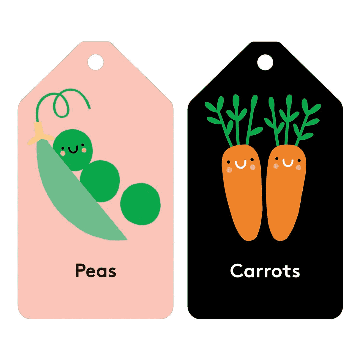 First Words Flash Cards showing colorful illustrated peas and carrots with friendly faces on double-sided cards.