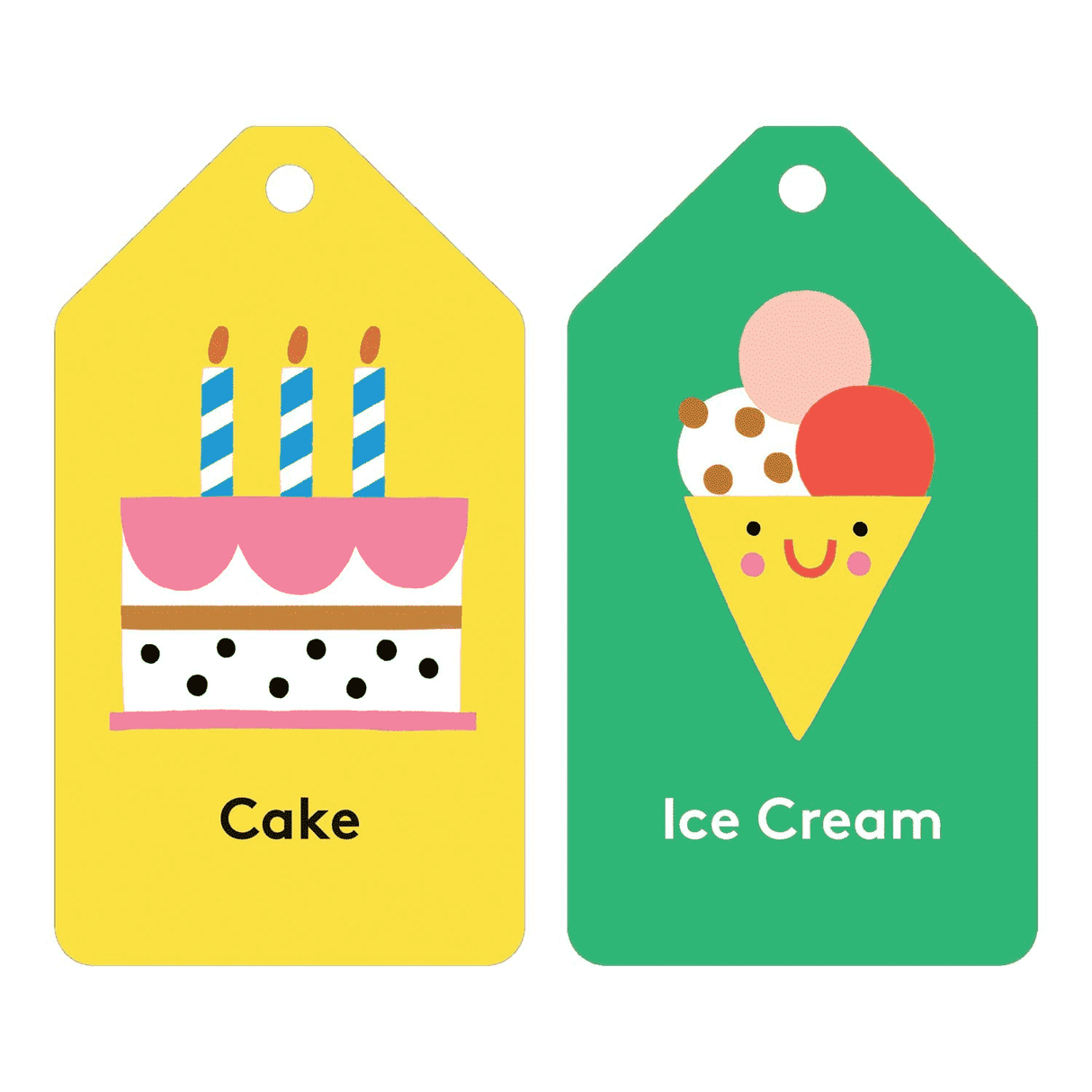 First Words Flash Cards showing colorful cake and ice cream illustrations with simple words on laminated cards.