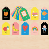 First Words Flash Cards with colorful illustrations and simple words for toddler learning on a reclosable ring.