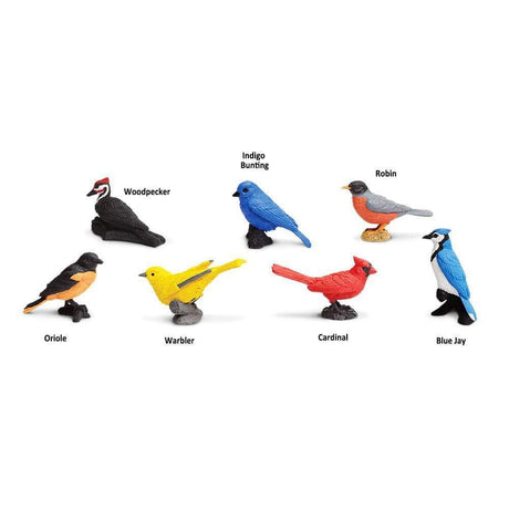 TOOB | Backyard Birds with hand-painted figurines of woodpecker, indigo bunting, robin, oriole, warbler, cardinal, and blue jay.