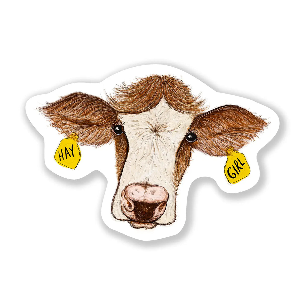 Hay Girl Sticker featuring a detailed cow face with yellow tags reading Hay Girl, waterproof vinyl design.