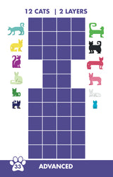 Cat Stax puzzle showing 12 colorful cat shapes arranged around a grid for advanced stacking challenge.