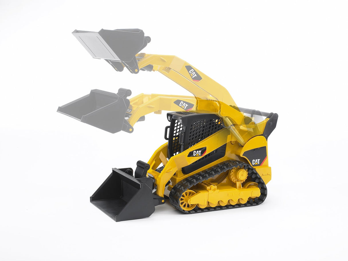 Cat Compact Truck Loader with adjustable loading arm and movable rubber tracks shown in action position.