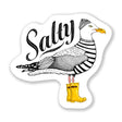 Salty Seagull Sticker featuring a seagull in a striped sweater, yellow boots, and a beanie, waterproof vinyl design.