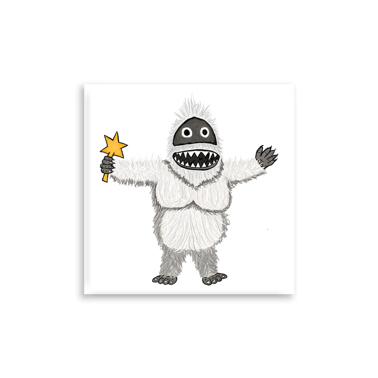 Yeti Magnet featuring hand-drawn white yeti holding a yellow star wand with expressive cartoon style artwork.