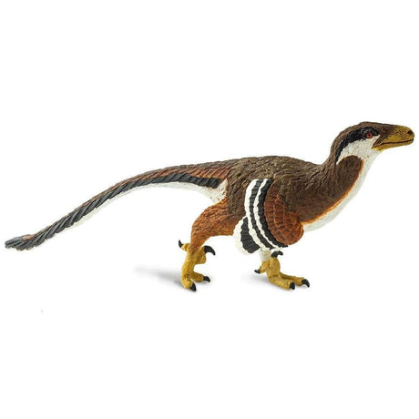 Deinonychus dinosaur toy figure with feathers, long tail, and large sickle-shaped claws standing on white background.