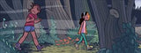 Illustration from Ghosts showing two children walking in a foggy forest in Northern California near the coast.
