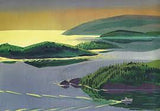 Time of Wonder book illustration showing serene Maine islands with calm waters at sunset in a soft, poetic style.