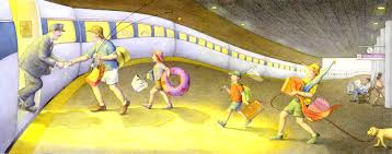 Illustration from Train to Maine showing children boarding a train at Boston station for a Down East Maine adventure.