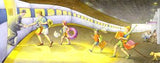 Illustration from Train to Maine showing children boarding a train at Boston station for a Down East Maine adventure.