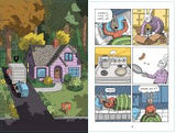 Mr Wolf's Class cover showing a cozy house and comic panels of characters in humorous school scenes.