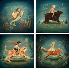 Dream Animals board book illustrations showing children riding fantasy animals like a fox, bear, narwhal, and tiger at night.
