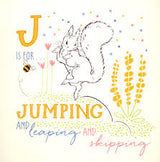P is for Peter board book page showing a squirrel with jumping, leaping, and skipping words for young children.