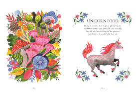 Magical Unicorn Society Official Handbook page showing colorful unicorn food and a pink unicorn illustration with floral design.