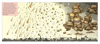 Cloudy With a Chance of Meatballs book illustration showing food weather raining soup and hamburgers over Chewandswallow town.