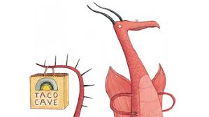 Dragons Love Tacos book illustration showing a red dragon near a taco cave sign with a friendly expression.