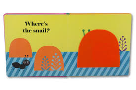 Where's the Ladybug? Flap Book showing a colorful illustrated page with a snail hidden behind a bright orange felt flap.