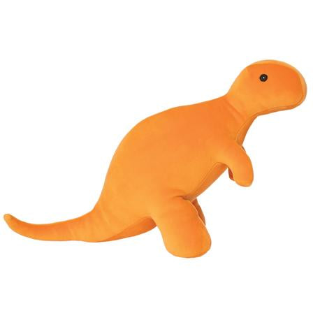 Orange velvety soft stuffed dinosaur toy in T-Rex shape, 14 inches long, called Dino Growly T-Rex.