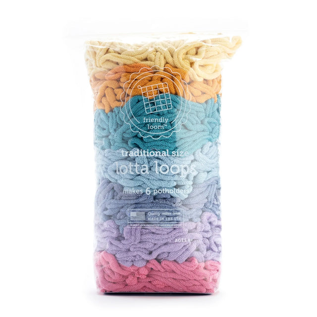 Potholder Loops: Traditional Size Botanicals in assorted colors packaged for making six cotton potholders.