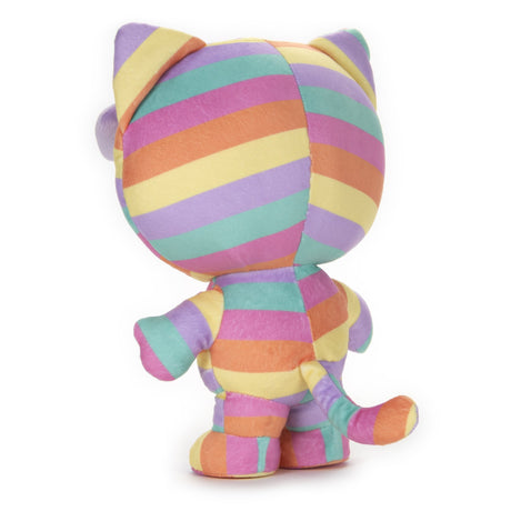 Hello Kitty Rainbow plush toy showing back view with pastel rainbow stripes and a tail.