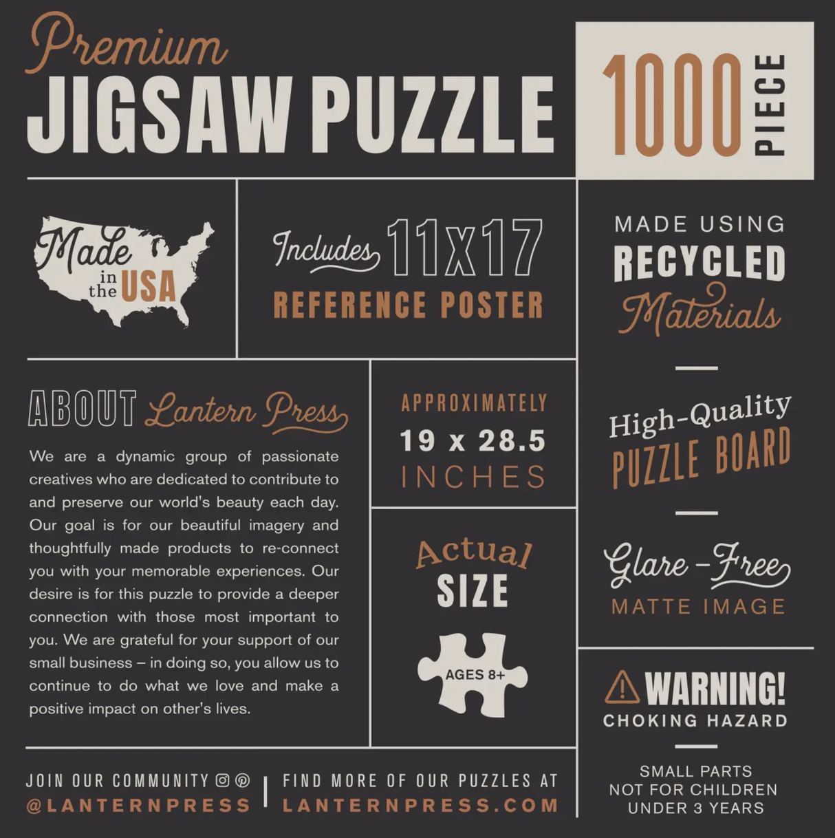 1000pc Maine Lobster Puzzle with eco-friendly inks, glare-free matte image, and 19x28.5 inch premium puzzle board.