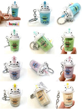 Cat Boba Tea KeyChain with cute cat details, key ring, clip, assorted colors, perfect for bags or keys.