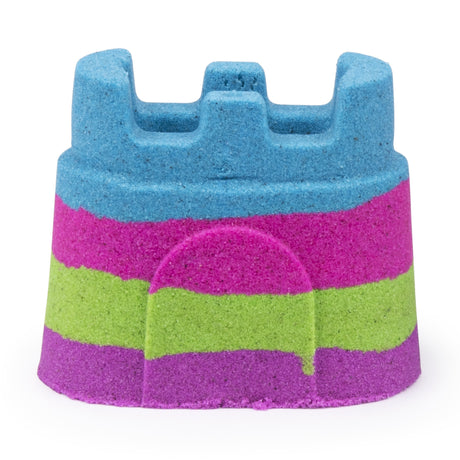Kinetic Sand Rainbow Unicorn colorful sand castle mold in blue, pink, green, and purple layers, soft and moldable.