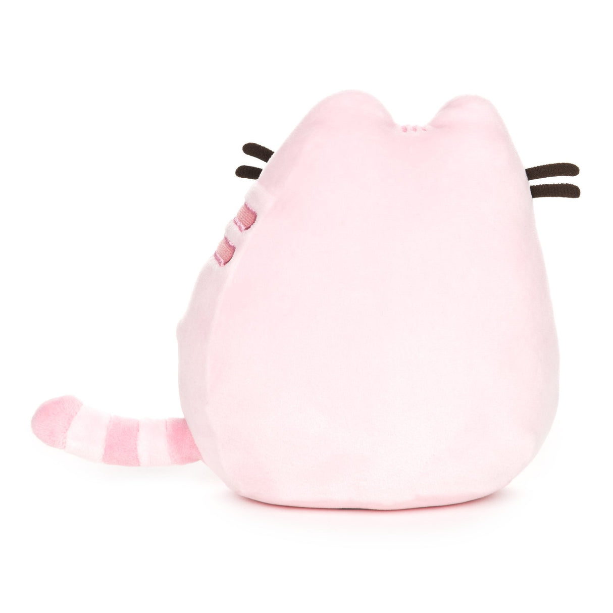 Pusheen Pet Pink plush toy showing back with soft fabric, striped tail, and relaxing pose for squishing.