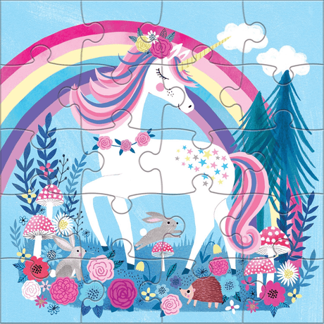 20pc Magical Unicorn Magnetic Puzzle showing a colorful unicorn with flowers, rainbow, and animals in a completed puzzle design.