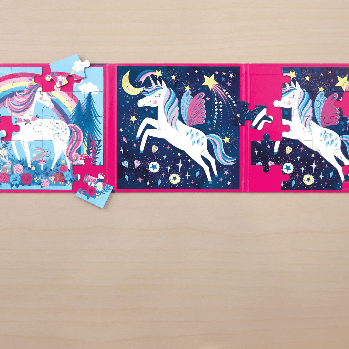 20pc Magical Unicorn Magnetic Puzzle with colorful unicorn designs in a portable tri-fold magnetic portfolio for kids.
