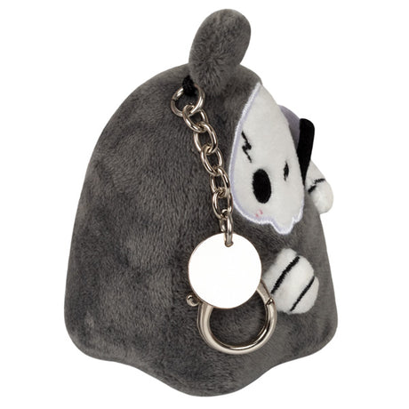 Reaper Micro plush keychain in gray with scythe face design and metal clip, perfect for cosplay or convention use.