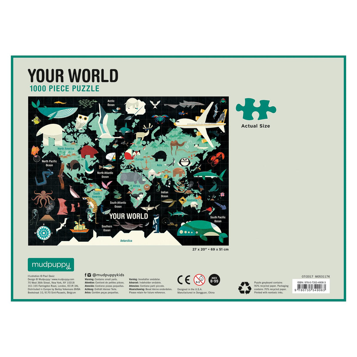 1000pc Ocean Life Puzzle featuring a colorful map with ocean animals and continents, perfect for family fun and education.