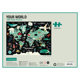 1000pc Ocean Life Puzzle featuring a colorful map with ocean animals and continents, perfect for family fun and education.
