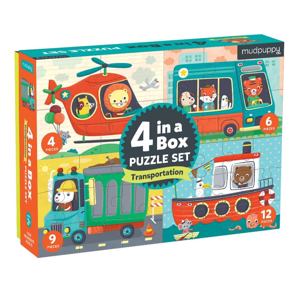 4-12pc Transportation Progressive Puzzles set with 4 colorful vehicle puzzles for ages 2-5 by Mudpuppy