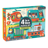 4-12pc Transportation Progressive Puzzles set with 4 colorful vehicle puzzles for ages 2-5 by Mudpuppy
