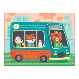 4-12pc Transportation Progressive Puzzles showing a colorful bus with animal passengers on a city background.
