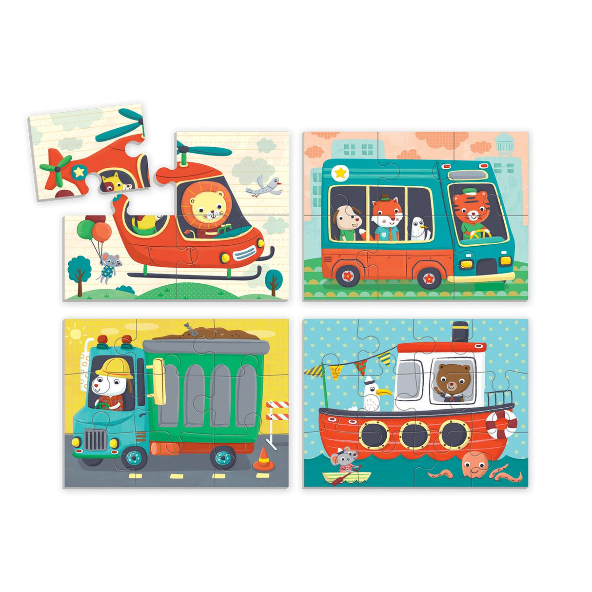 4-12pc Transportation Progressive Puzzles showing colorful helicopter, bus, truck, and boat illustrations for kids ages 2-5.